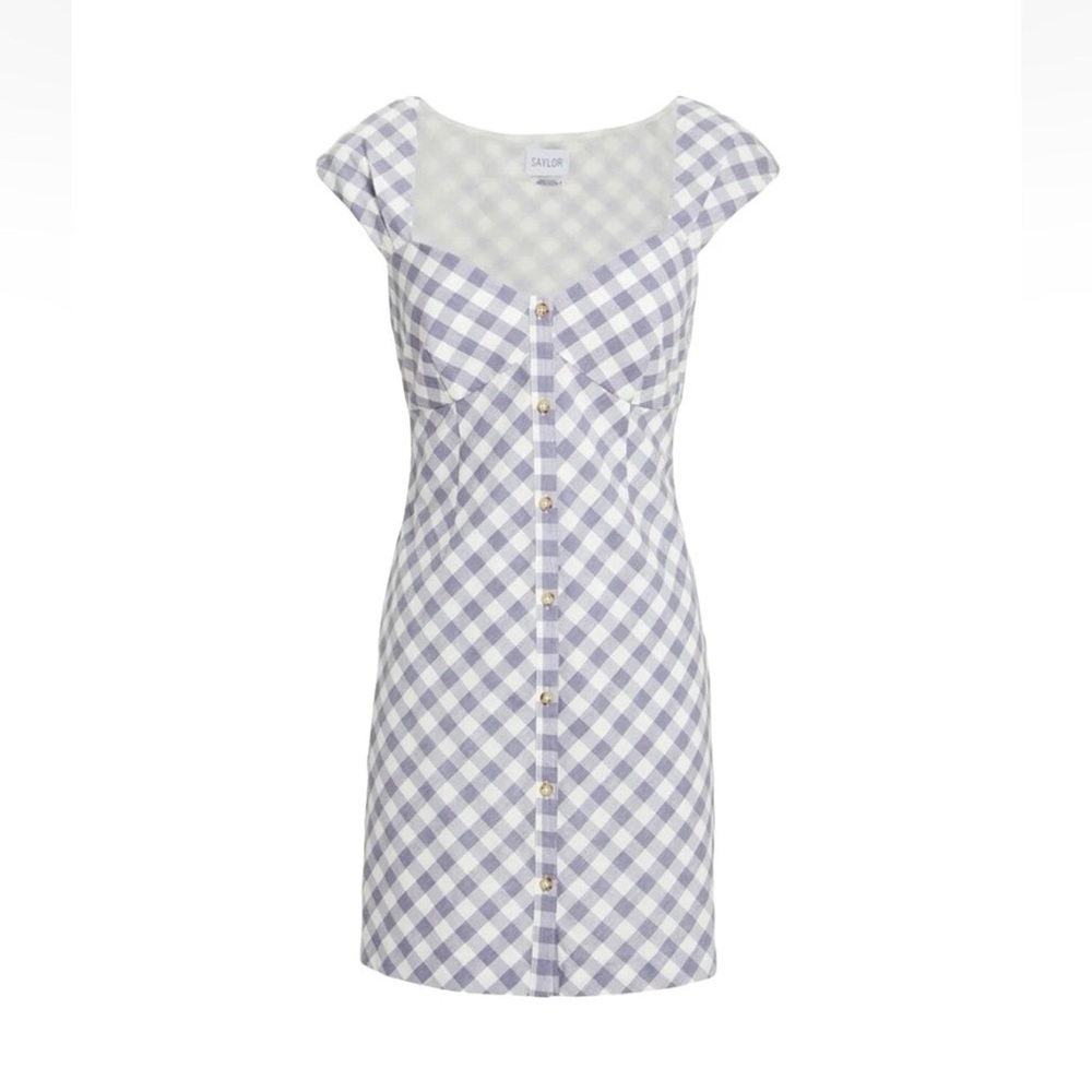 🌻SAYLOR Hadleigh Purple White Gingham Check Short Sleeve Mini Dress Size M - Picture 3 of 11